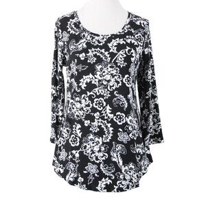 JM Collection $35 Sz XS Black White Floral Mid Sleeve Rayon Spandex Top